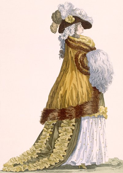 Dames operajurk met luxueuze satijnen cape met bontafwerking, gegraveerd door Dupin, plaat nr. 217 uit 